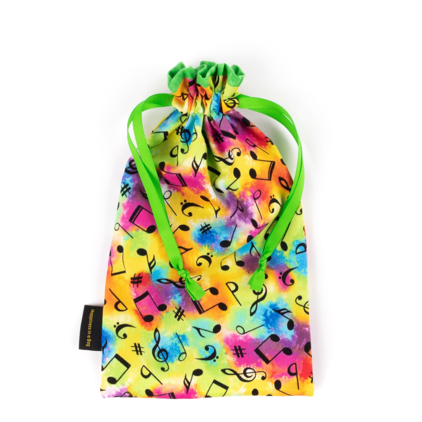 Ballet shoe bag with colorful tie dye music notes design and green lining