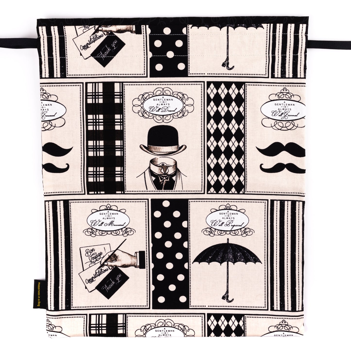 Black and beige shoe bag with drawings of mustaches, umbrellas, and top hats