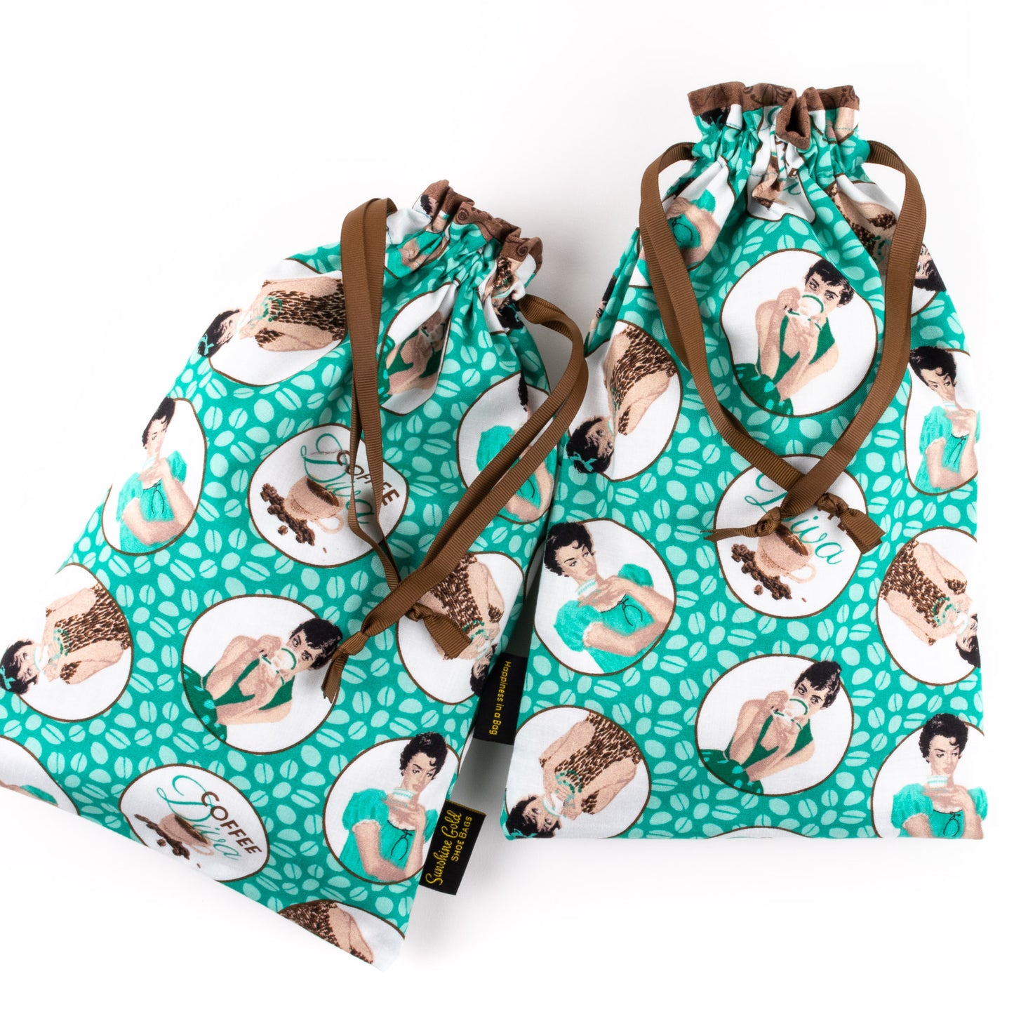 Coffee-drinking women fabric shoe bags for tap or character dance shoes