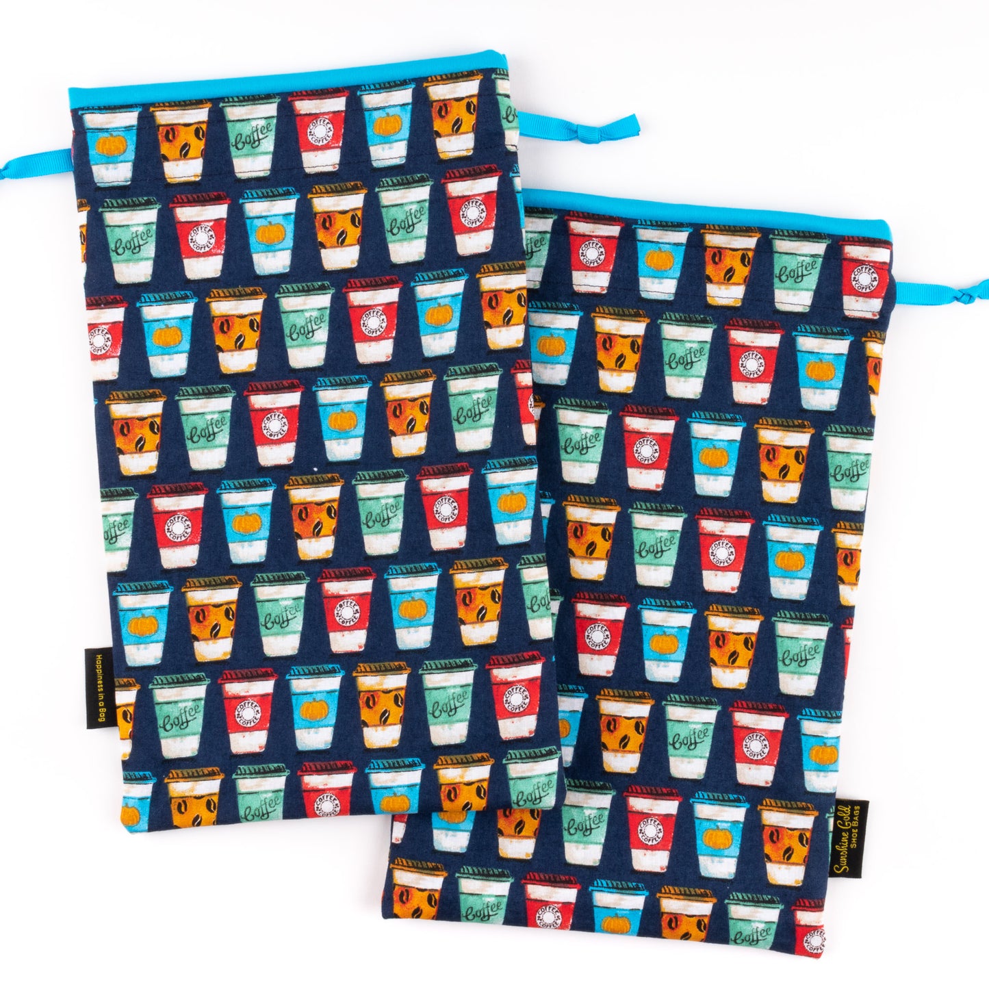 Set of travel shoe bags in colorful coffee cup design