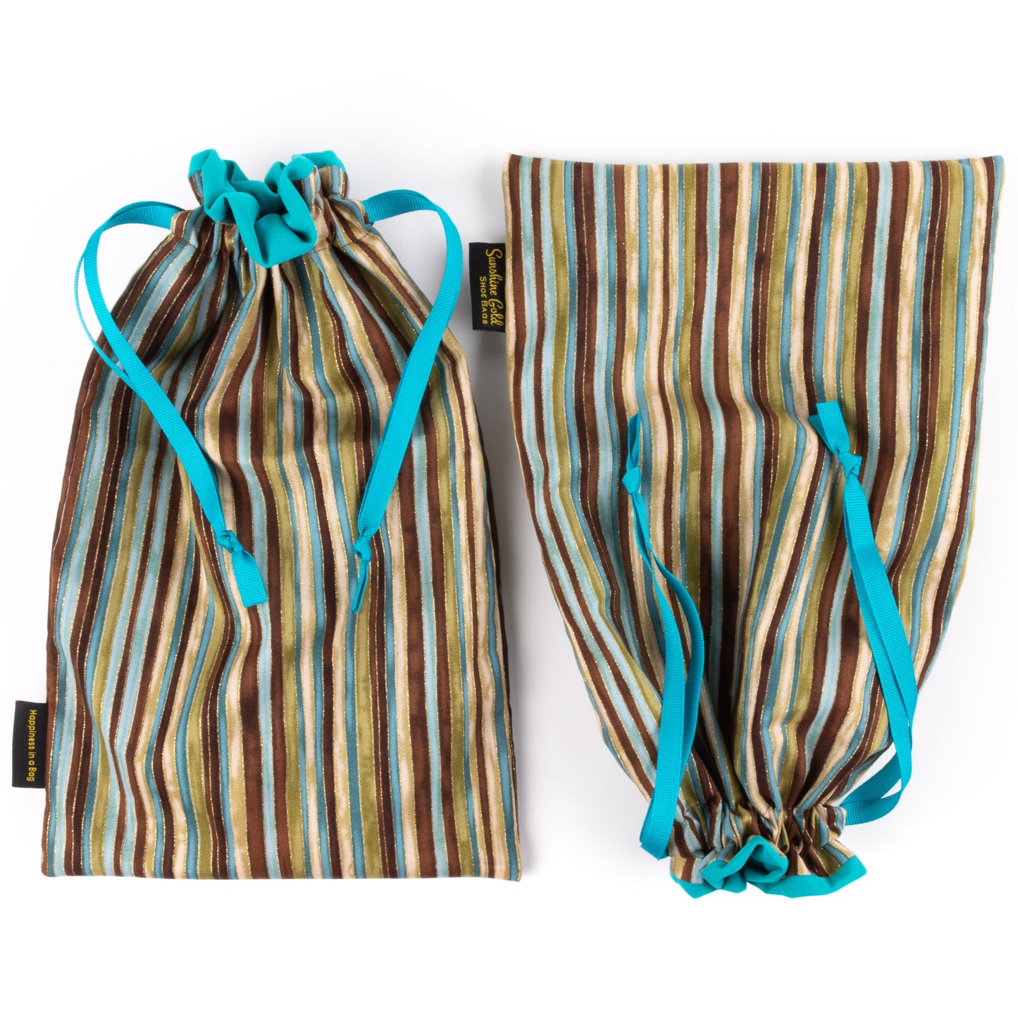 Colorful set of travel shoe bags in teal and brown