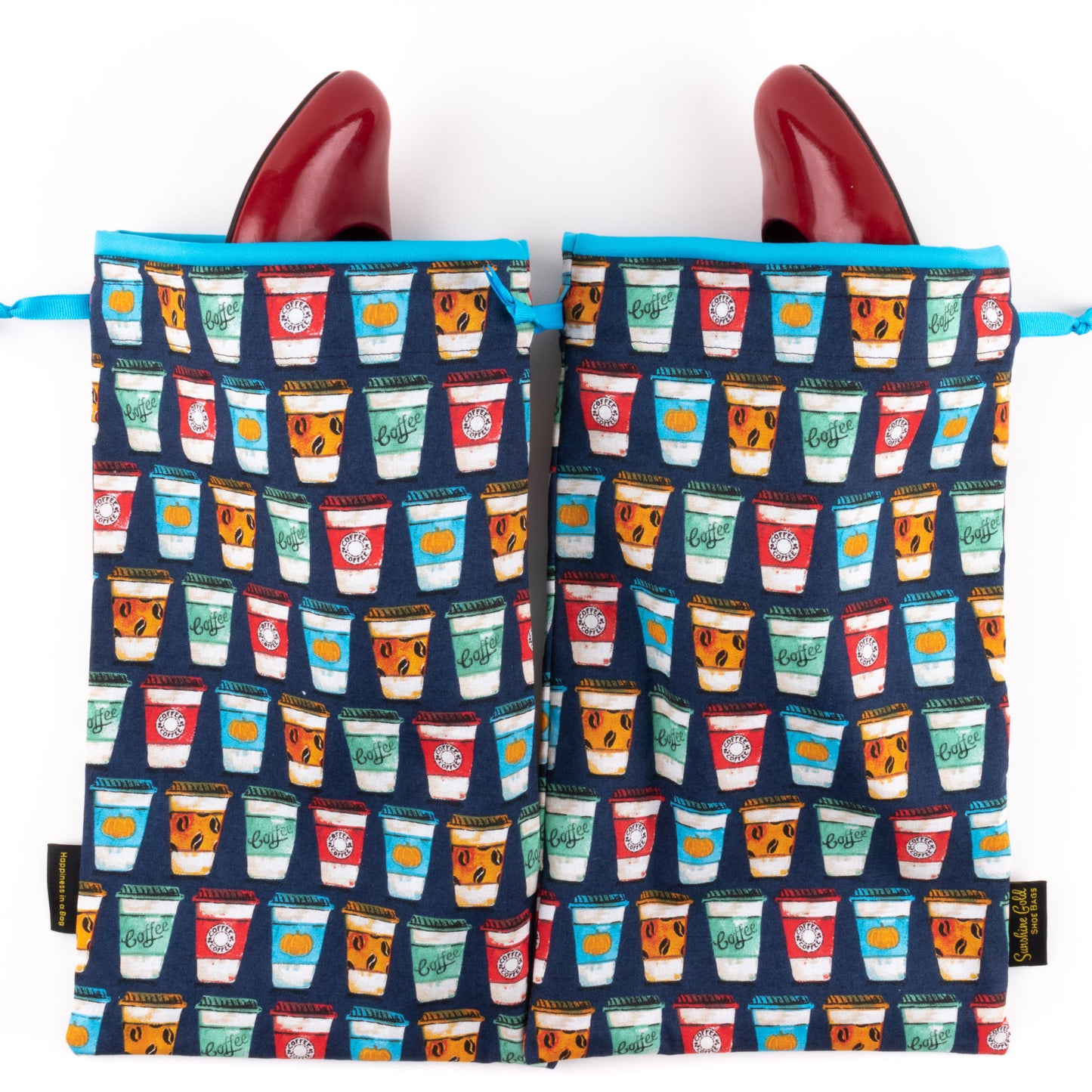 Colorful to-go coffee cups travel shoe bags