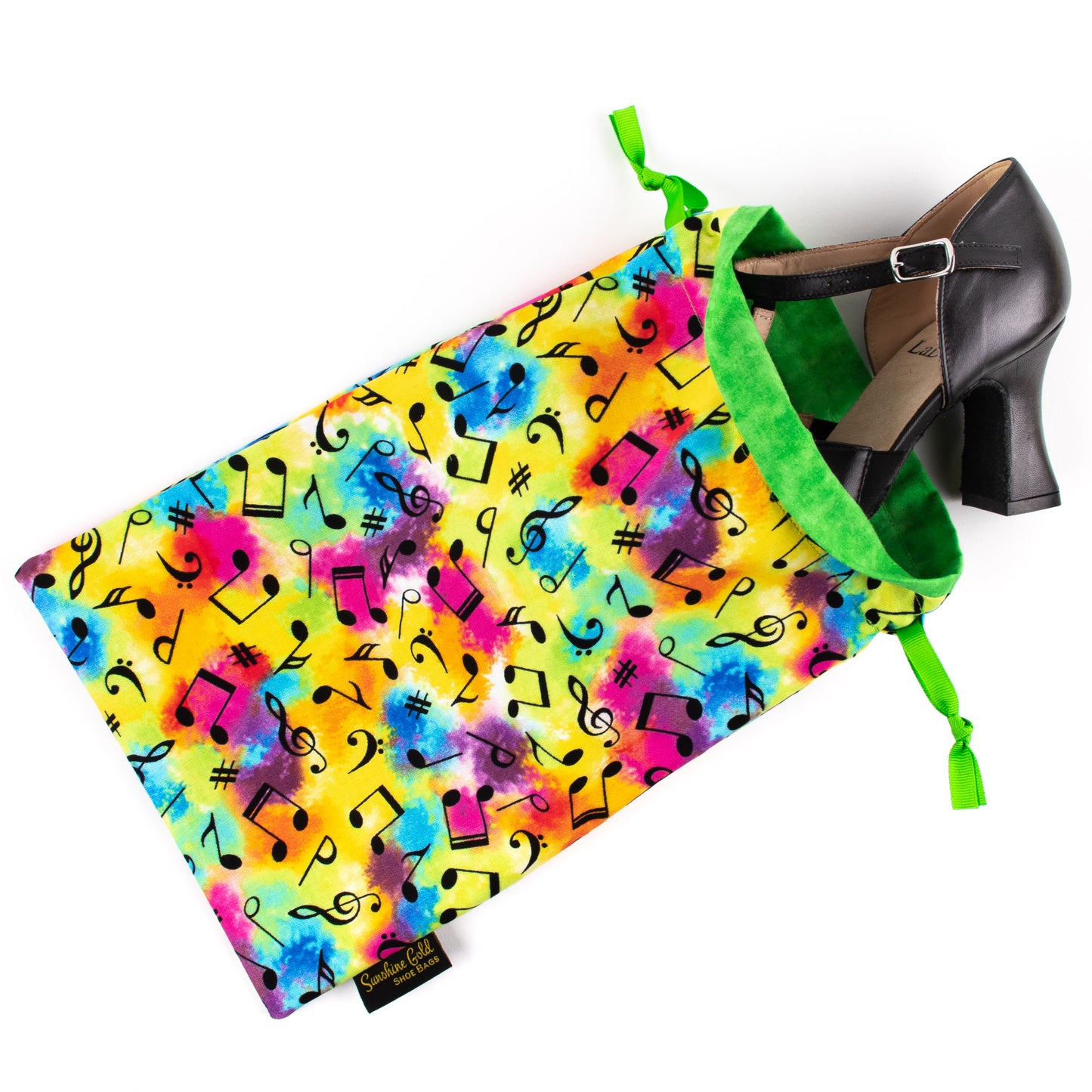 Multi-colored tie dye dance shoe bag in musical notes design