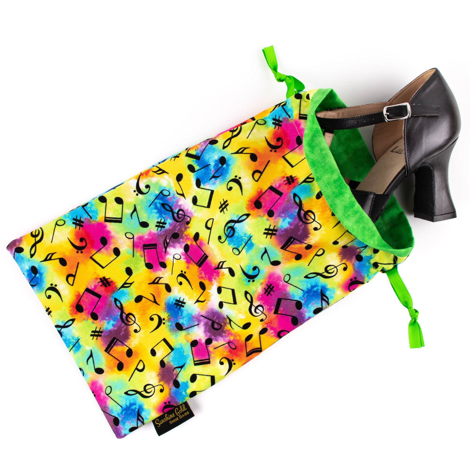Multi-colored tie dye dance shoe bag in musical notes design