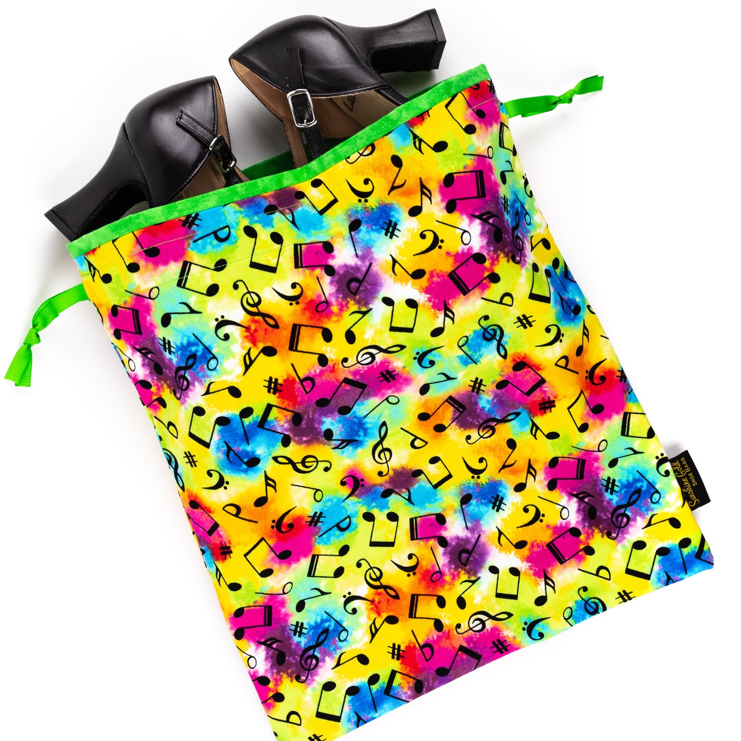 Large colorful dance shoe bag in music notes fabric