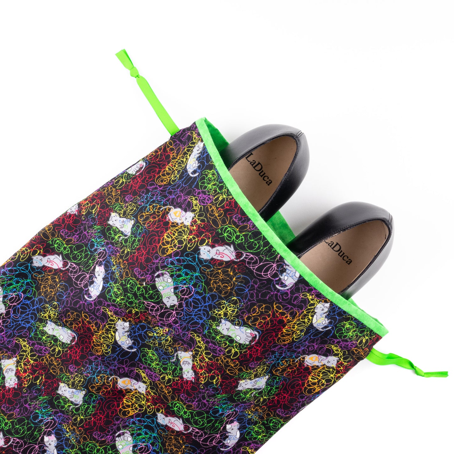 Men's dance shoe bag from multicolored cat-themed fabric