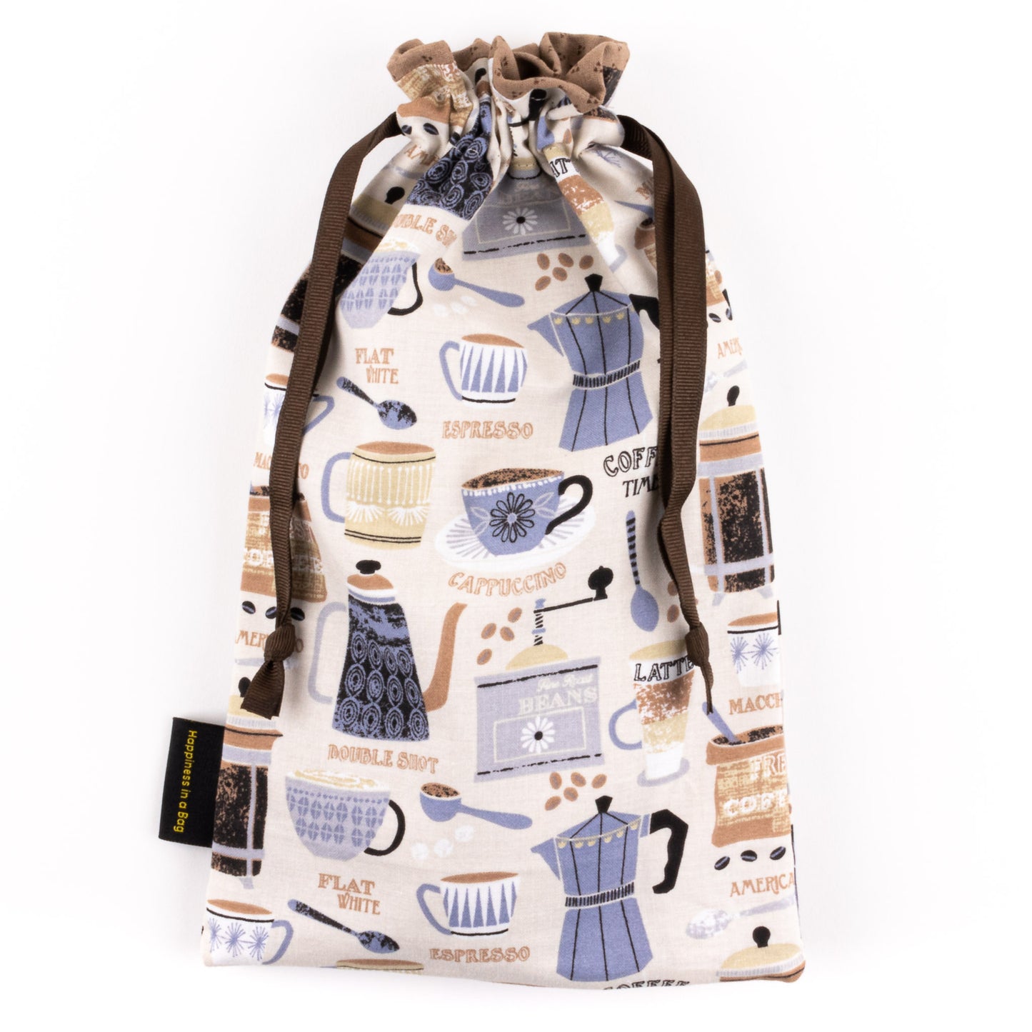 Shoe bag for ballet or jazz shoes with beige and brown drawings of coffee pots and coffee mugscoffee