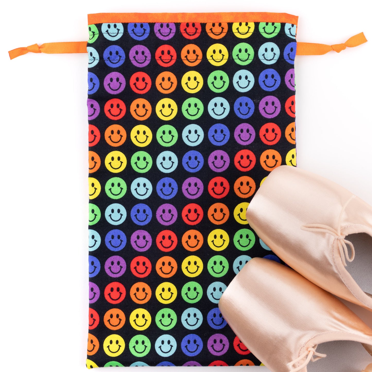 Small shoe bag for ballet pointe dance shoes in rainbow smiles design