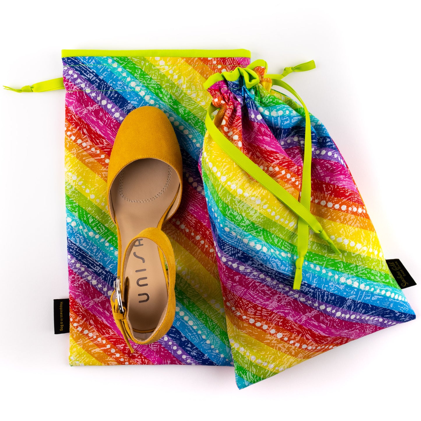 Travel shoe bags in colorful rainbow stripes design