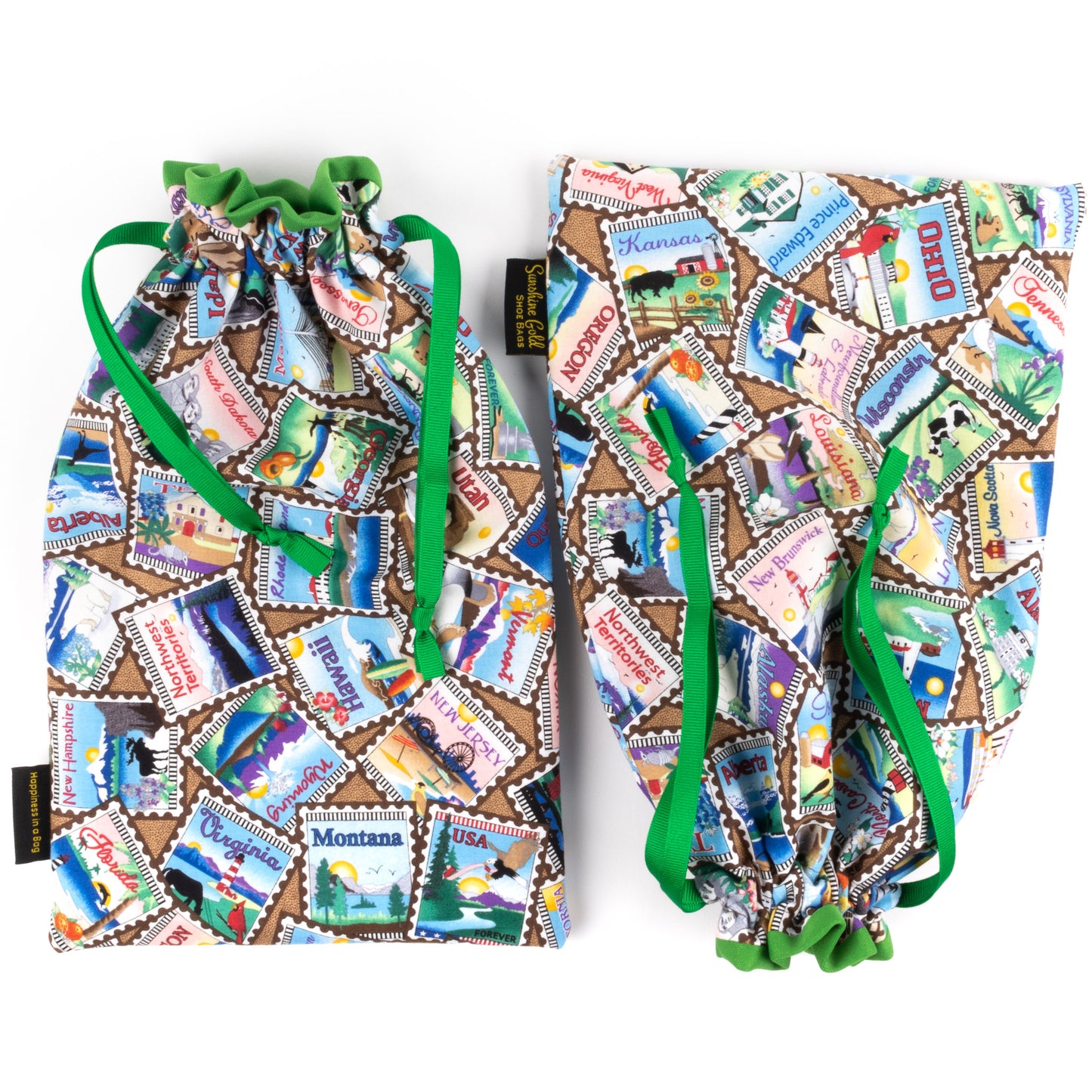 Travel shoe bags in colorful postage stamps fabric