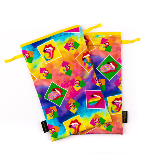 Vibrant colorful fabric shoe bags for tap or character high-heeled dance shoes