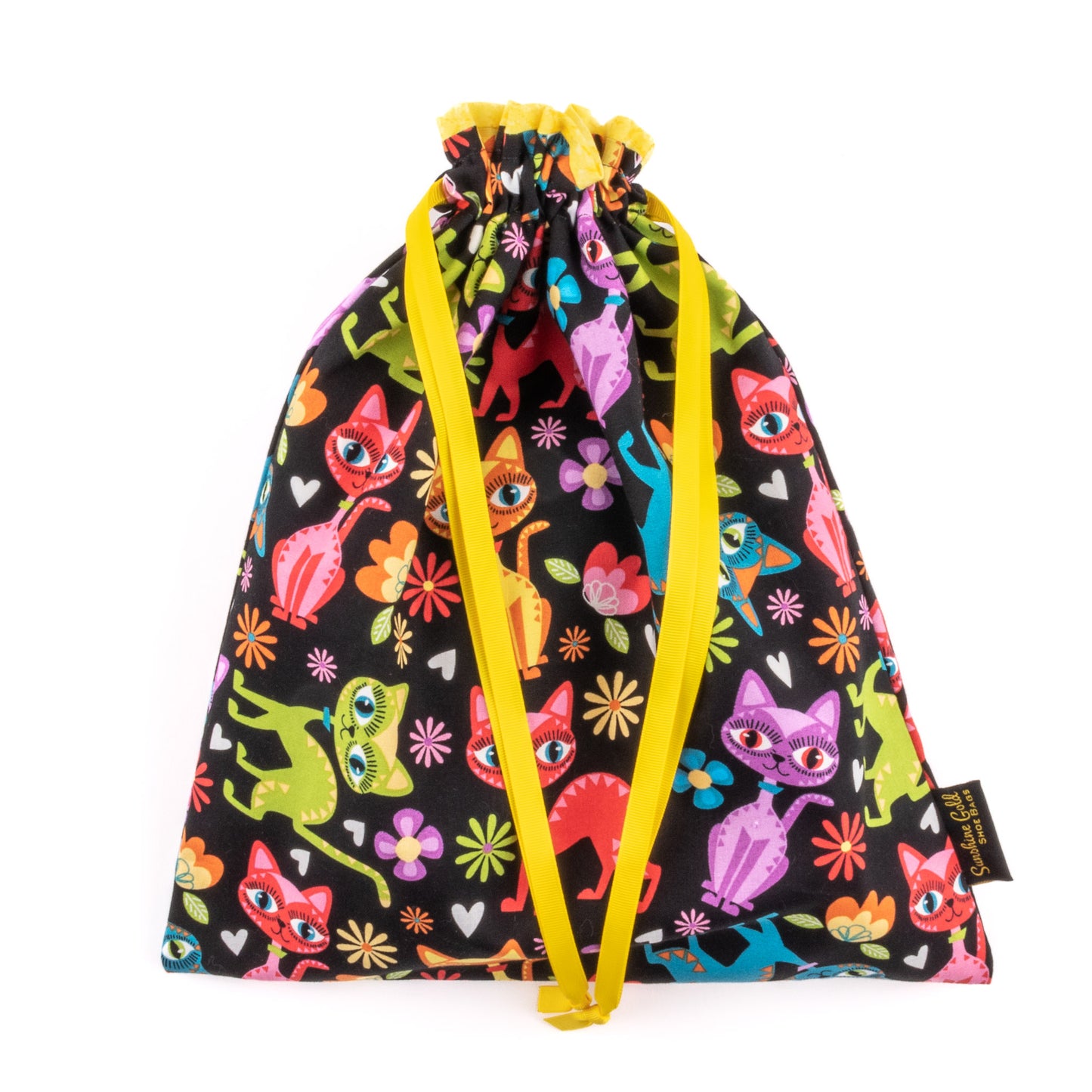 Women's dance shoe bag in colorful kitty-cat themed fabric