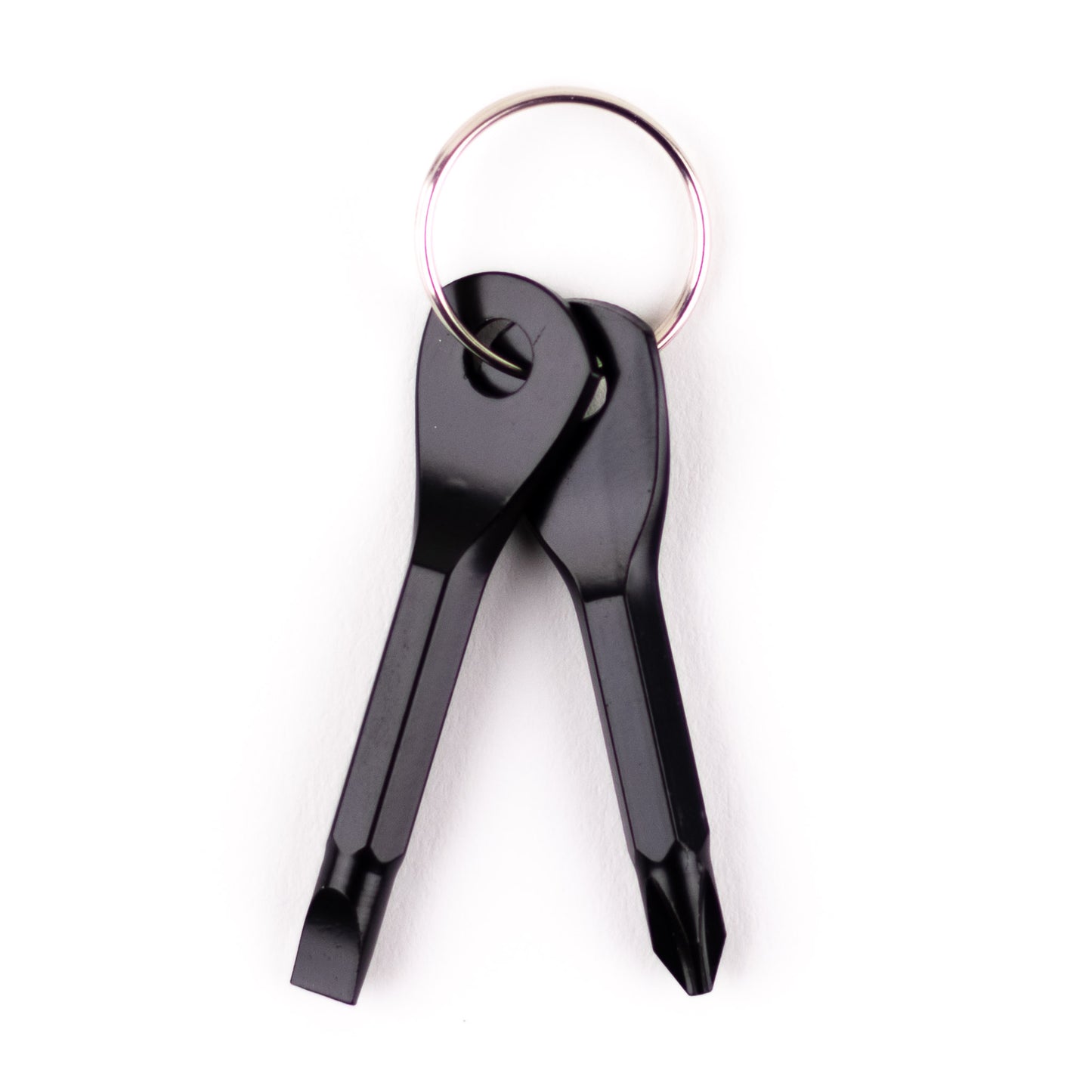 A keychain with two mini screwdrivers in black steel with Phillips head and flat head