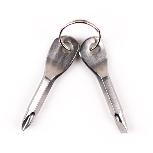 A keychain with two mini screwdrivers in stainless steel, Phillips head and flat head