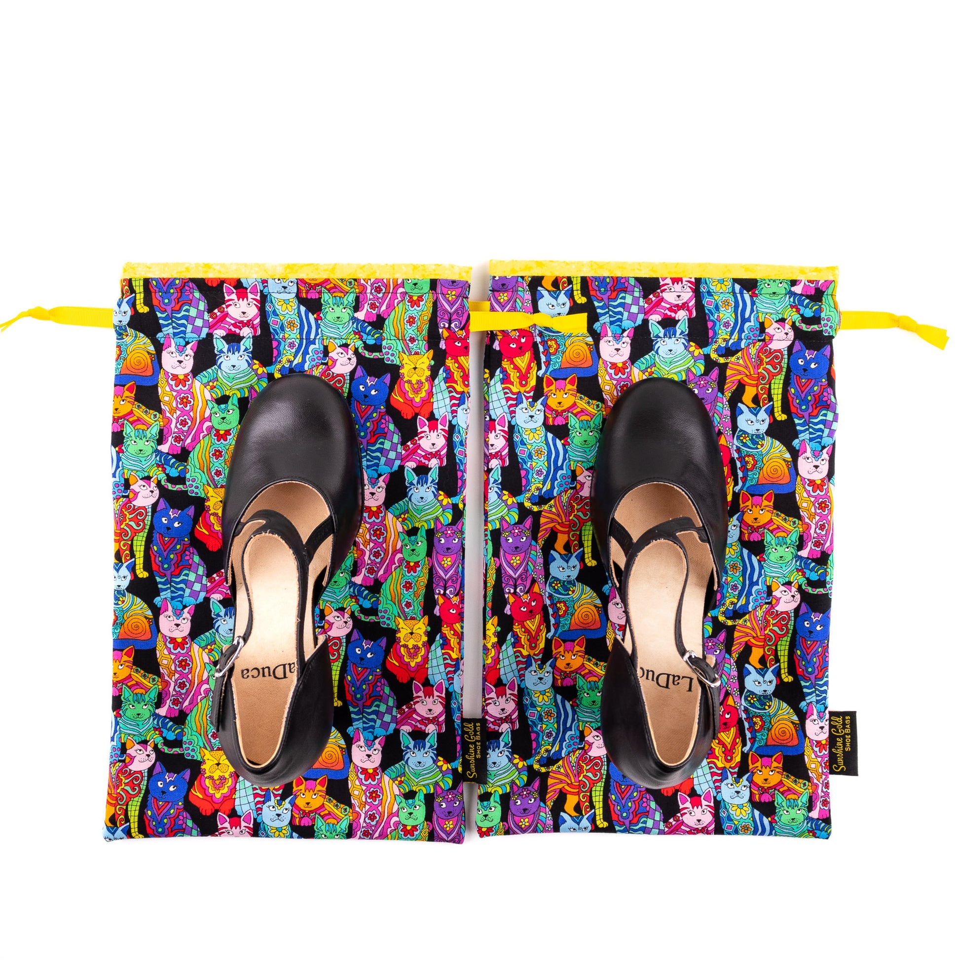 Black high-heeled character dance shoes on top of colorful dance shoe bags