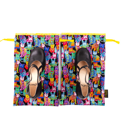 Black high-heeled character dance shoes on top of colorful dance shoe bags
