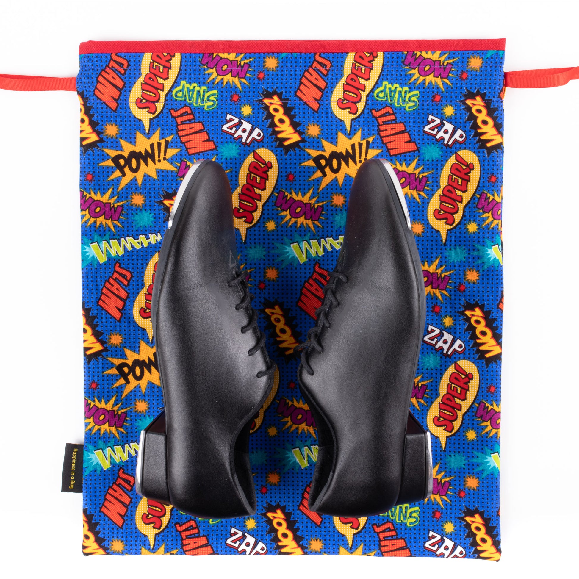 Blue, red, and yellow shoe bag for men's dance shoes