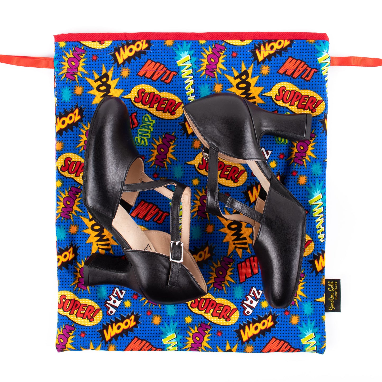 Blue, red, and yellow shoe bag for women's dance shoes