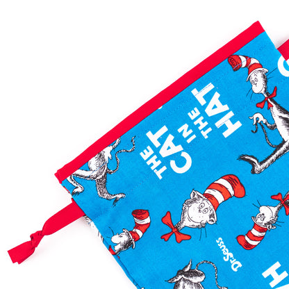 Close-up of a ballet shoe bag from "Cat in the Hat" themed fabric