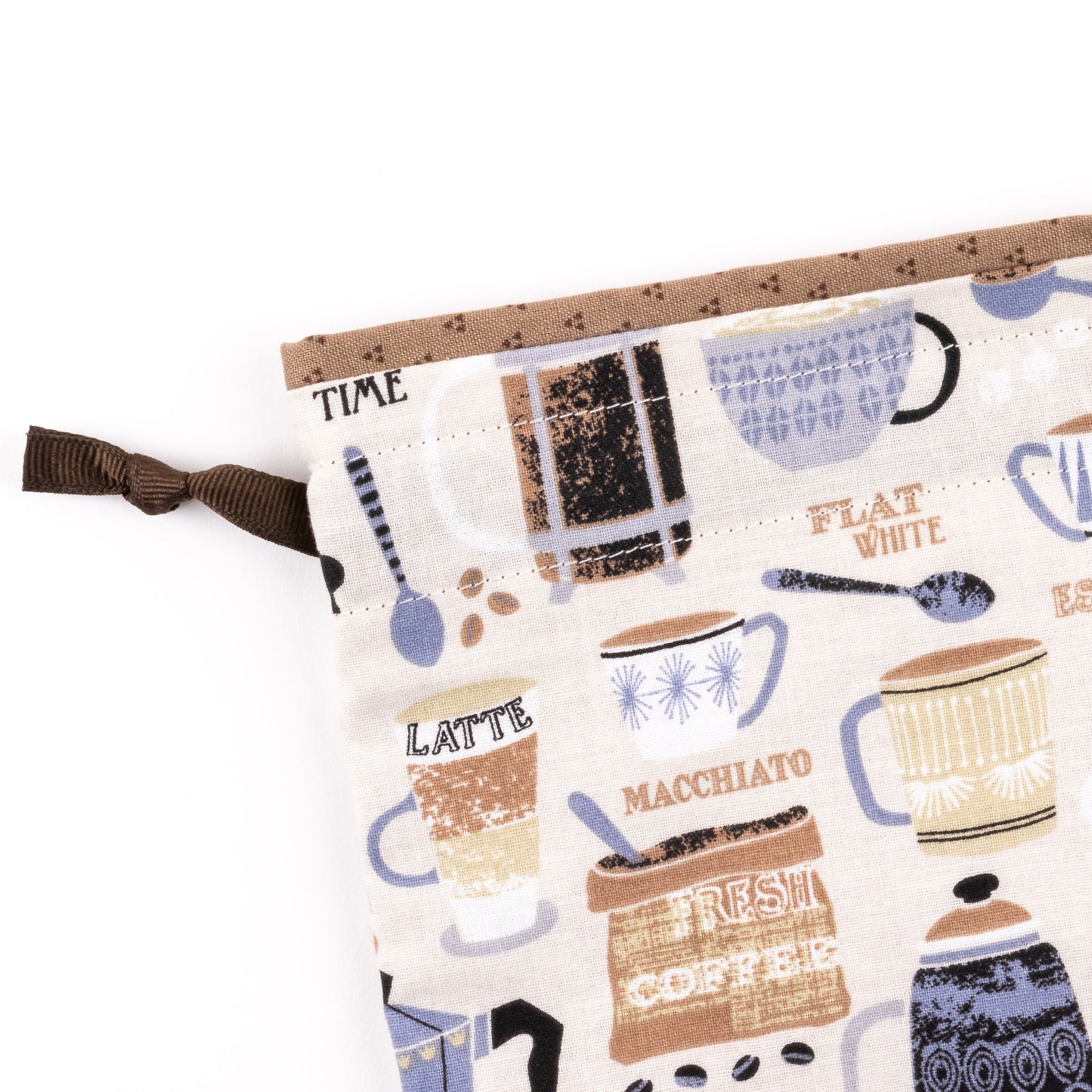 Close up of coffee-themed fabric shoe bag