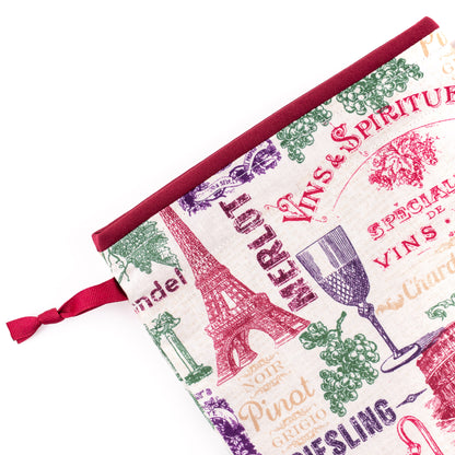 Close up of fabric shoe bag in European wine themed fabric