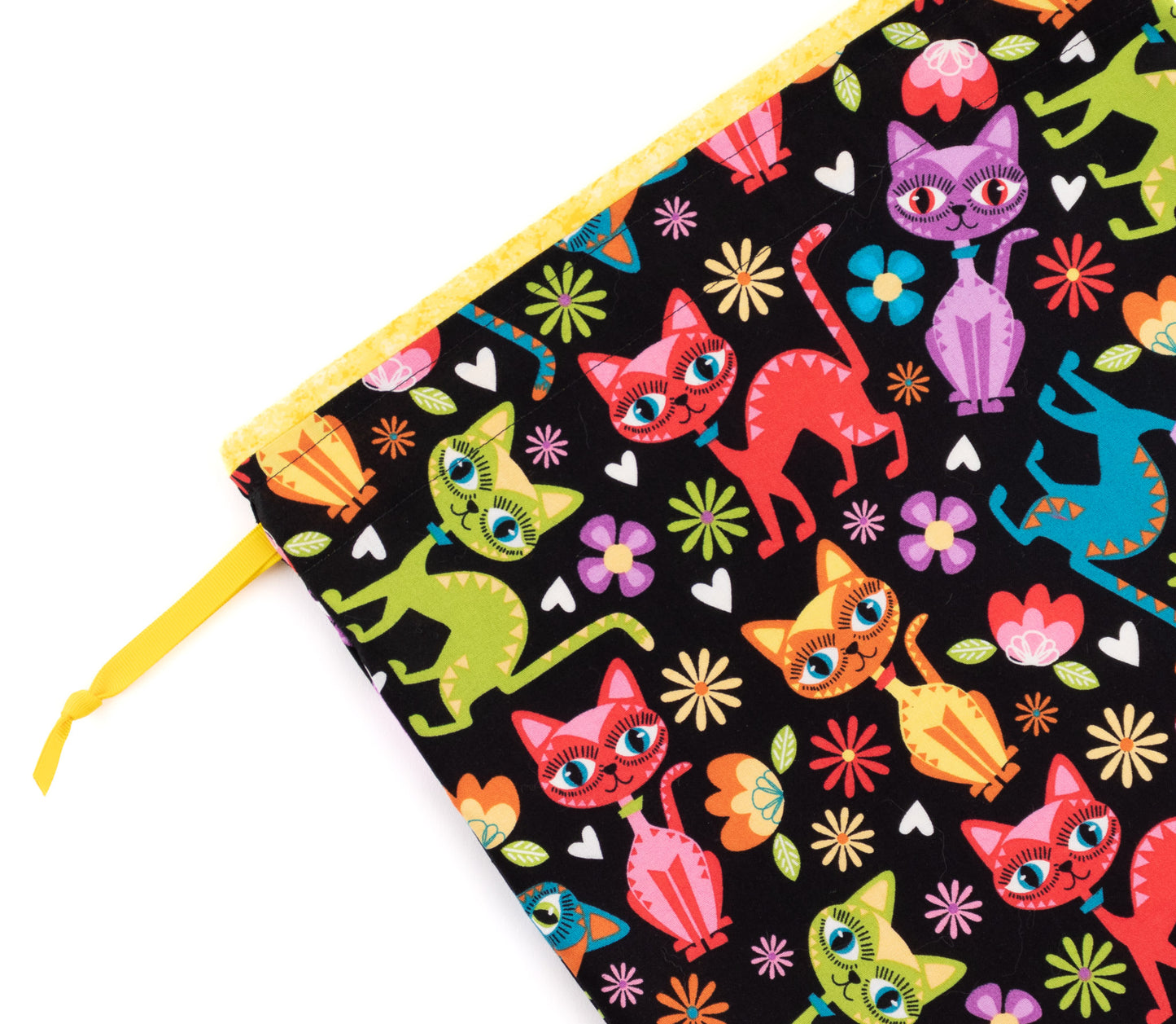Close-up of a large, colorful dance shoe bag in a multi-colored cats theme