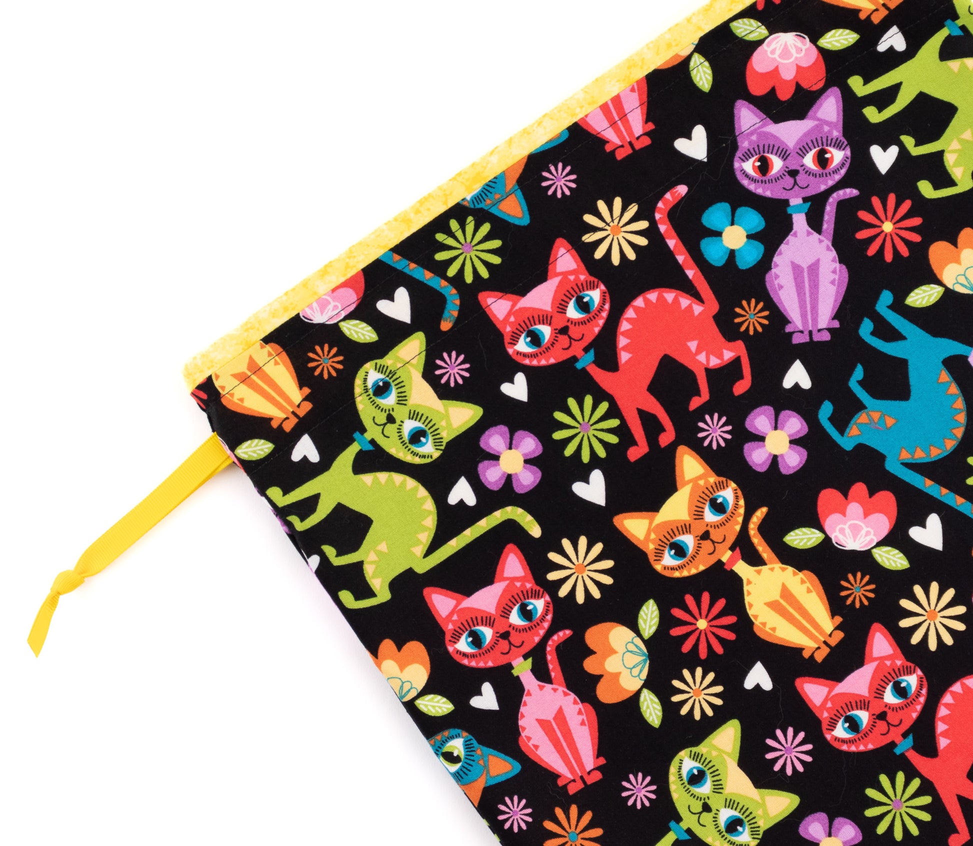 Close-up of a large, colorful dance shoe bag in a multi-colored cats theme