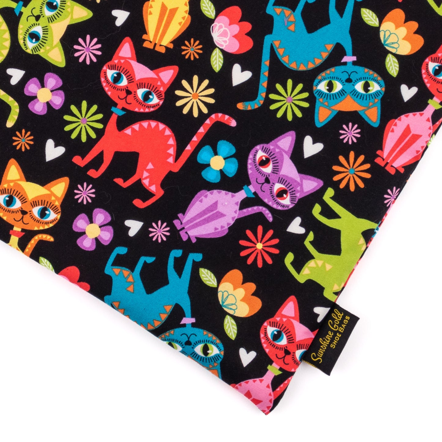 Close-up of a vibrant cats-themed large dance shoe bag