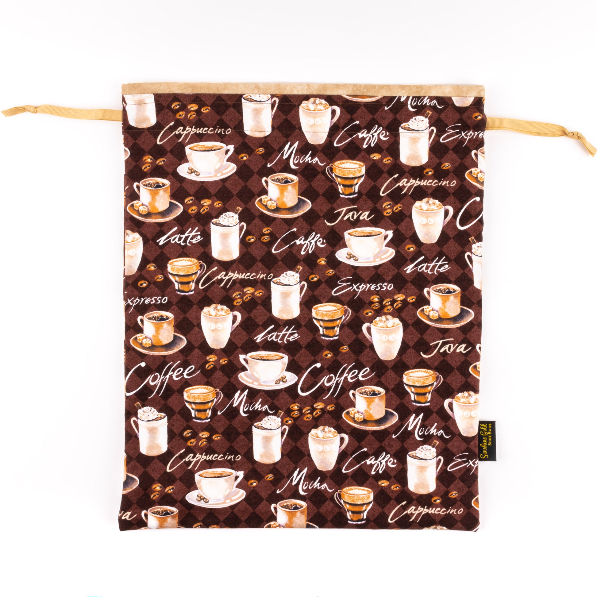 XL shoe bag for dance shoes from fabric printed with coffee cups