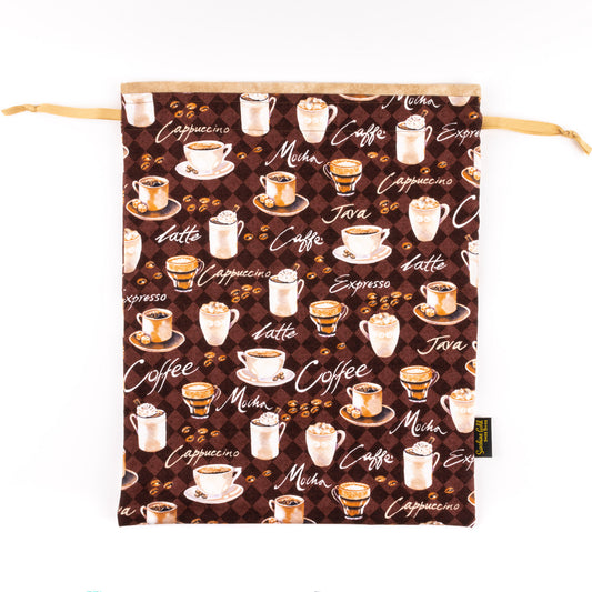 XL shoe bag for dance shoes from fabric printed with coffee cups