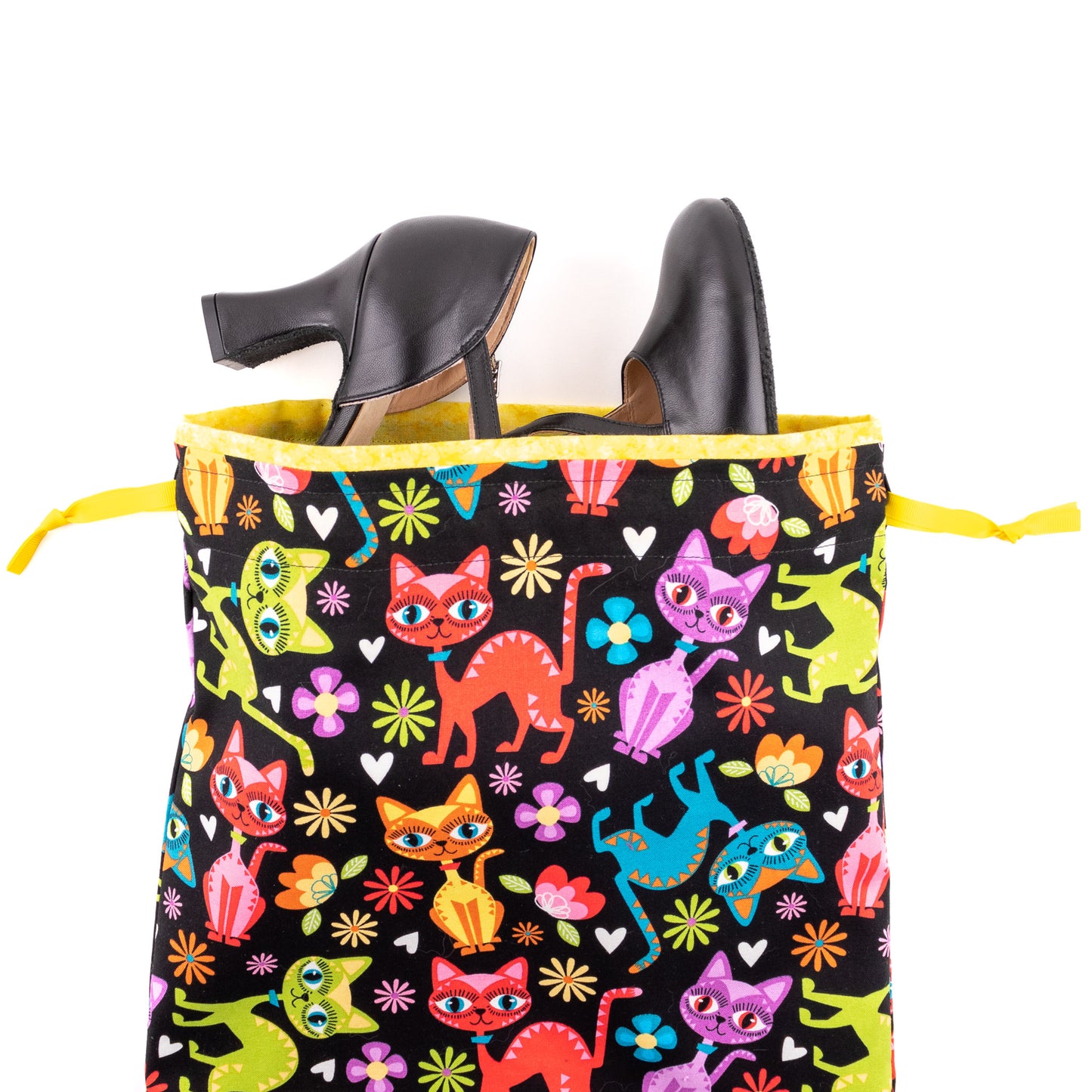 Dance shoe bag with red, pink, purple, green, yellow and blue colored cats for tap or character shoes