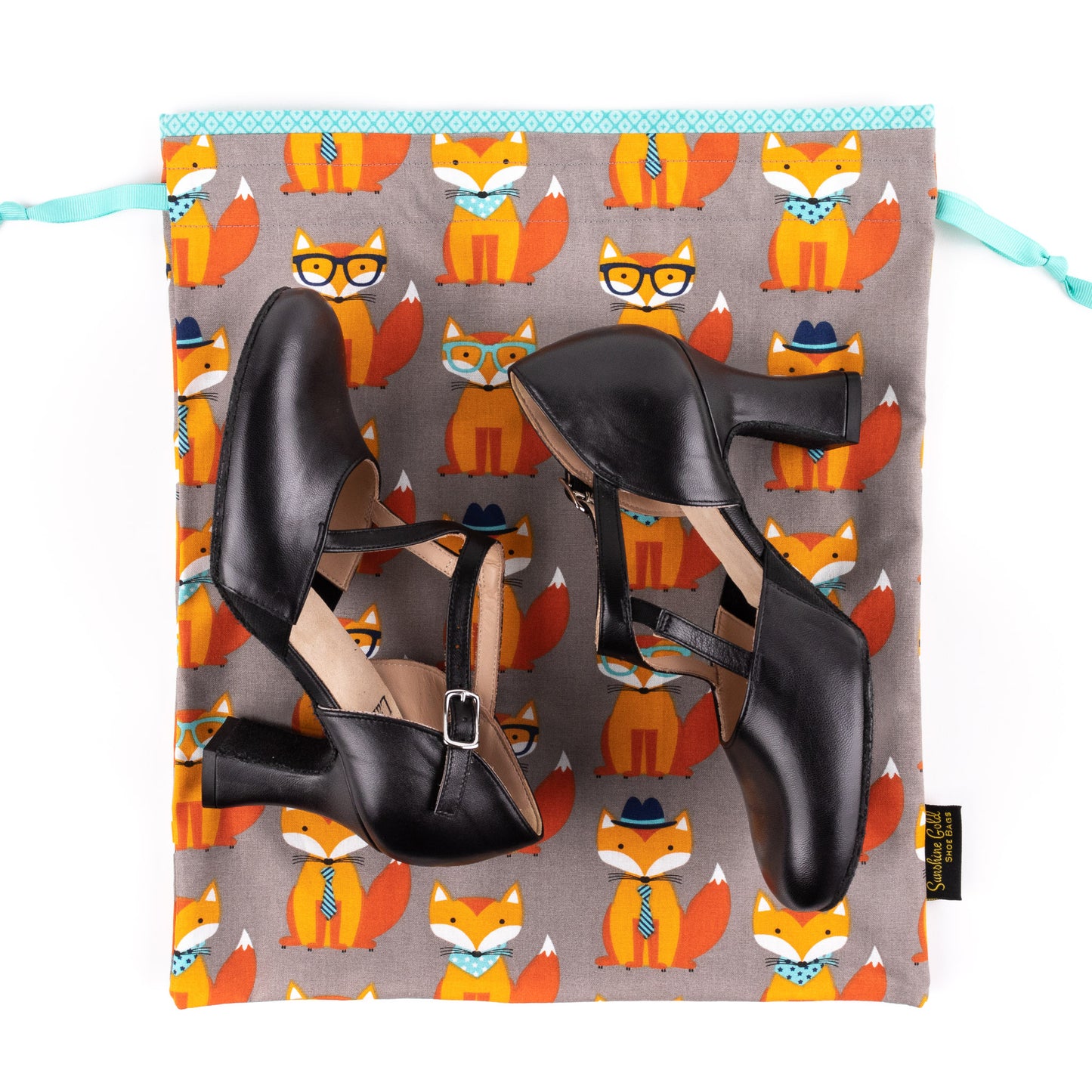 Fabric shoe bag for tap and character high-heeled dance shoes in orange foxes design