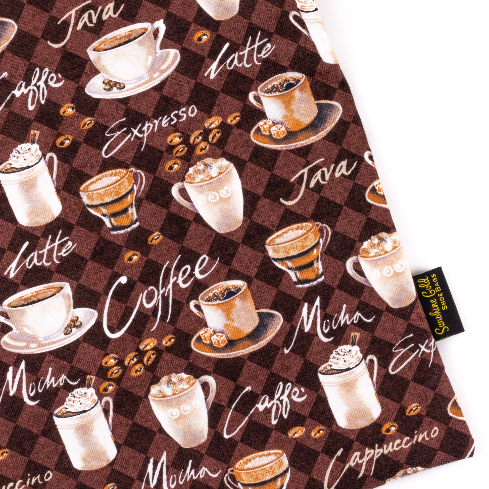 Fabric shoe bag with coffee cups and mugs