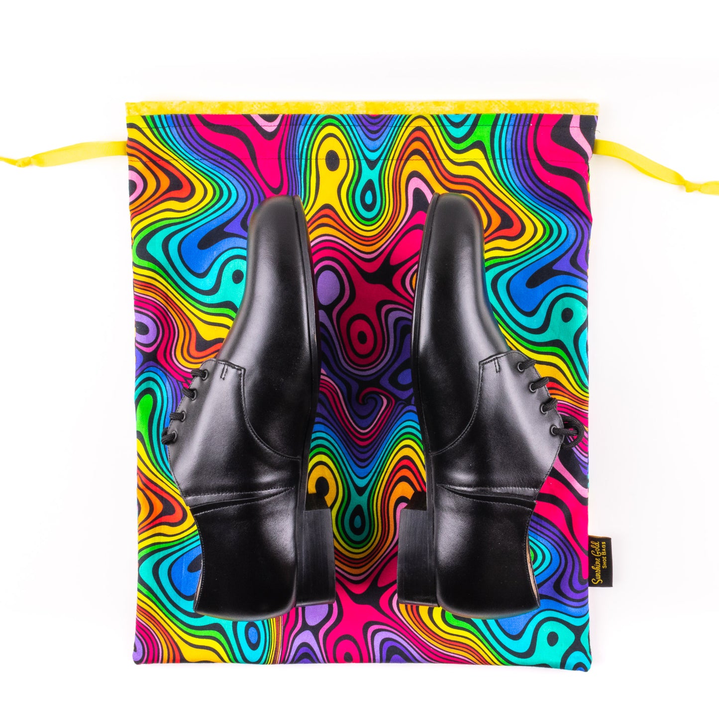 Fabric shoe bag with vibrant multi-colored pattern