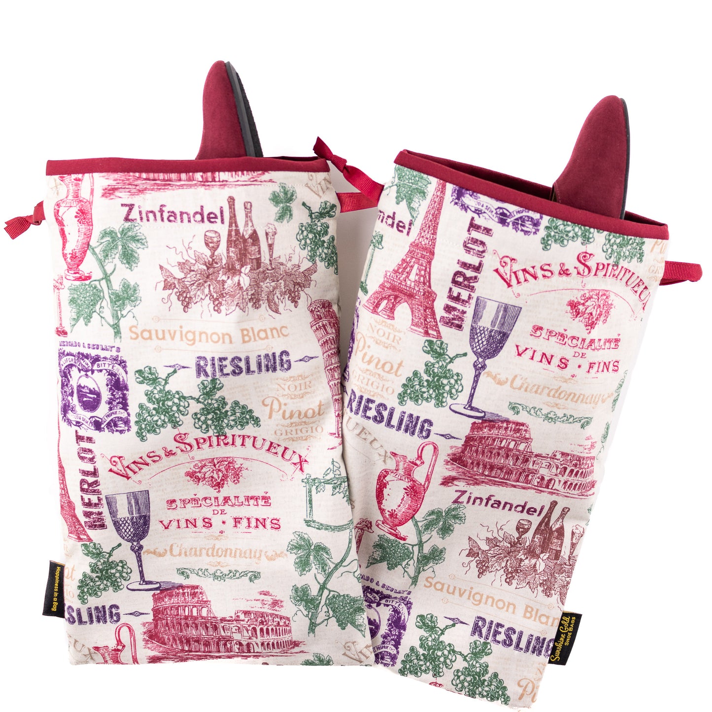 Fabric shoe bags set of 2 in deep red, green, purple, brown, with burgundy lining