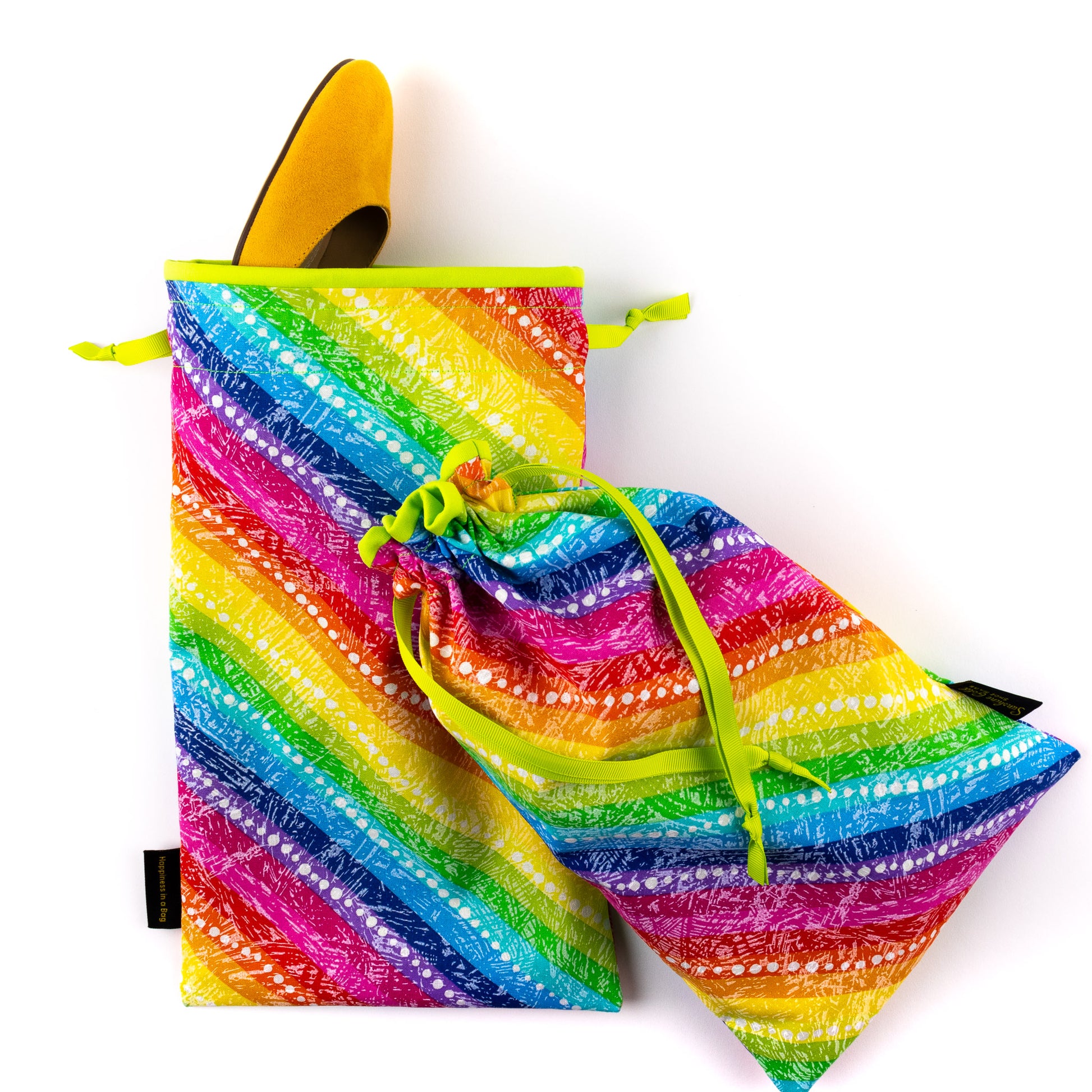 Set of 2 fabric shoe bags in multi-colored rainbow stripes pattern