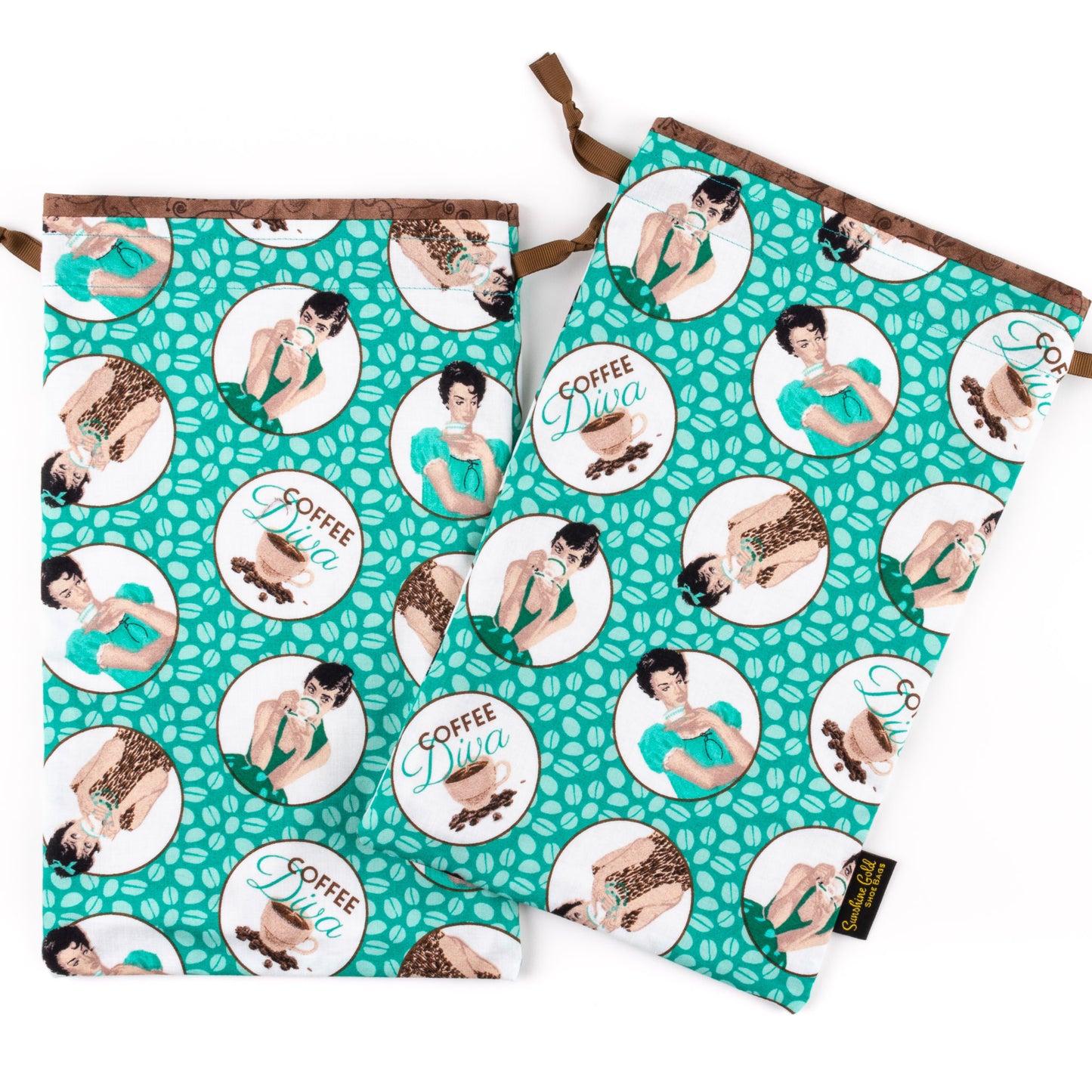 Green, white, and brown fabric shoe bags for tap and character high-heeled dance shoes