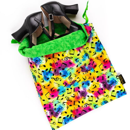 Large colorful dance shoe bag with music notes and green lining