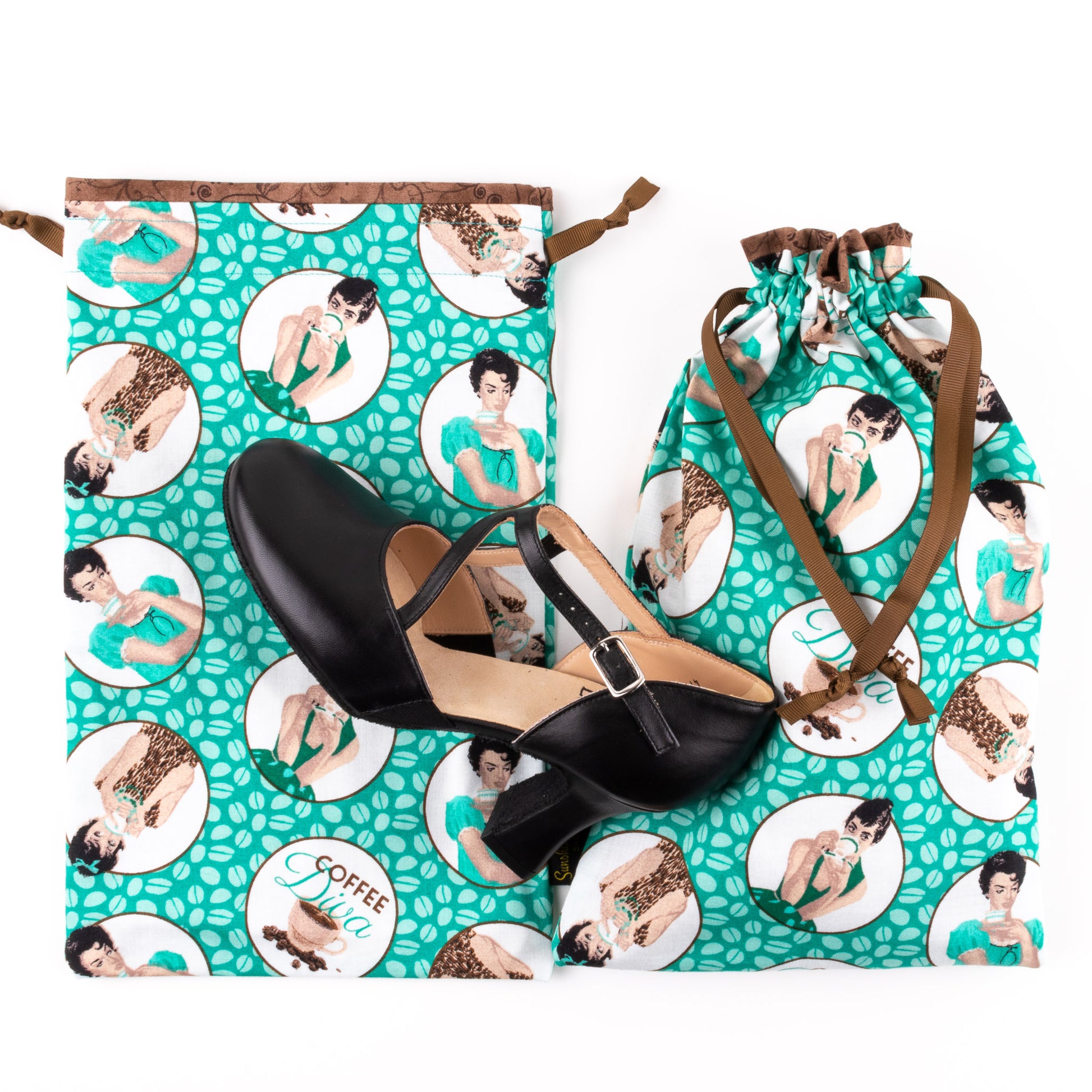 Musical theatre dance shoe bags with coffee diva fabric