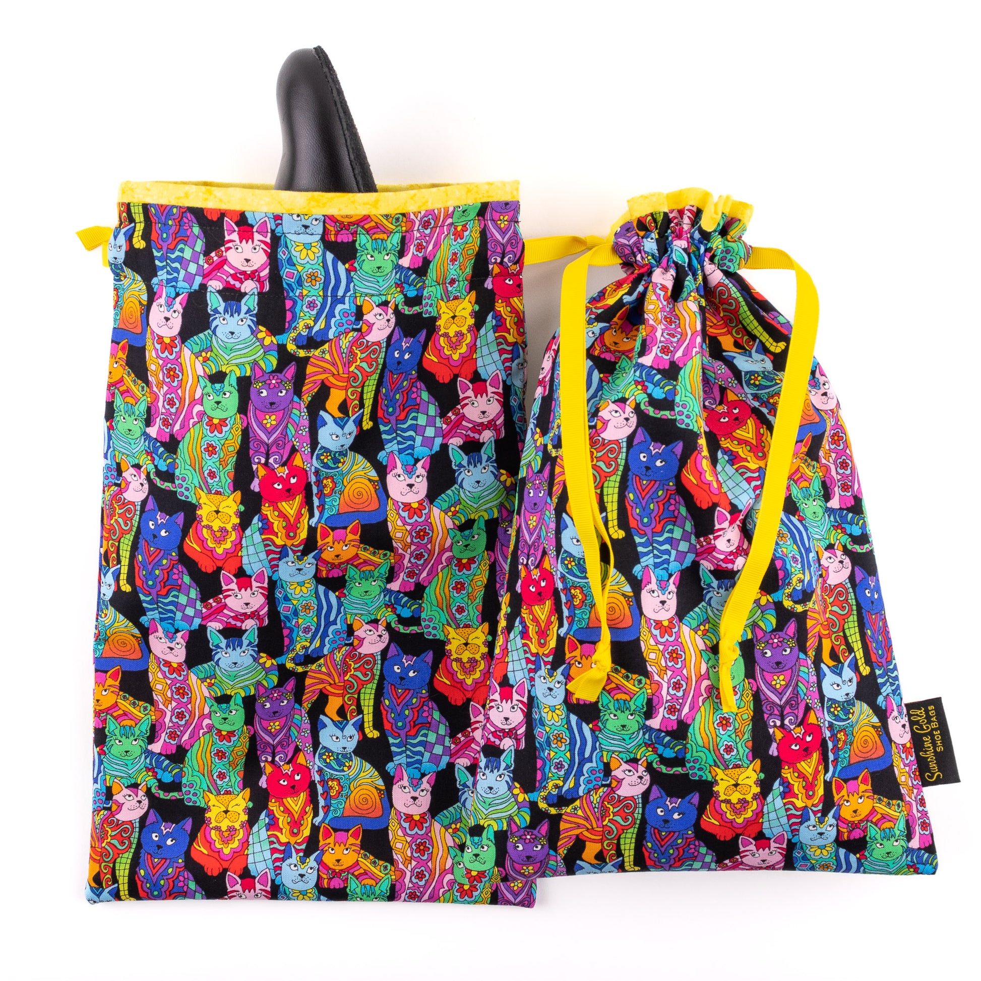 Musical theatre dance shoe bags with multicolored cats fabric design