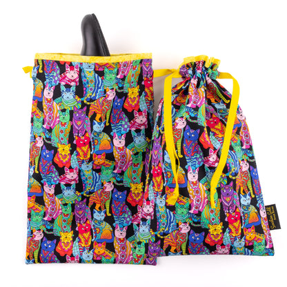 Musical theatre dance shoe bags with multicolored cats fabric design