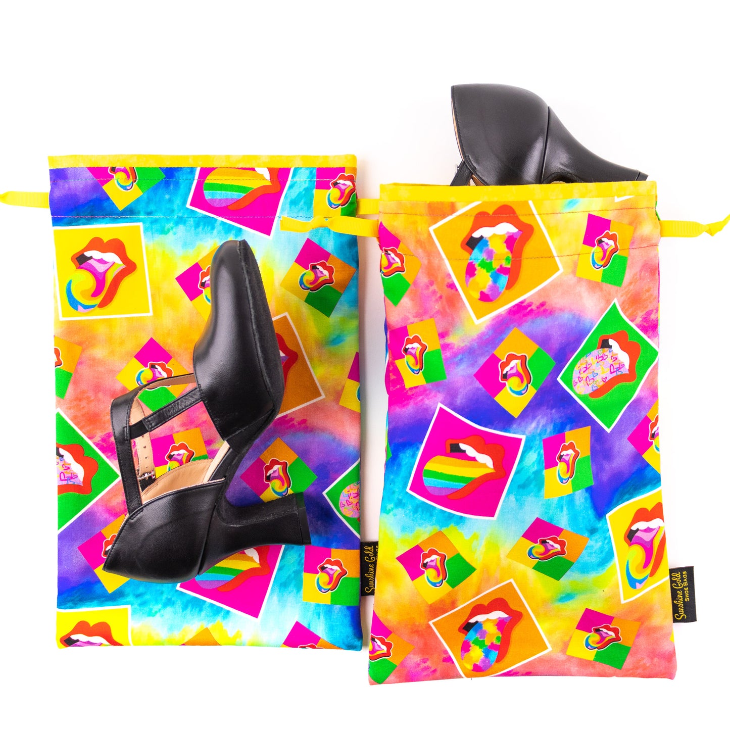 Musical theatre dance shoe bags in rainbow-tongues fabric design