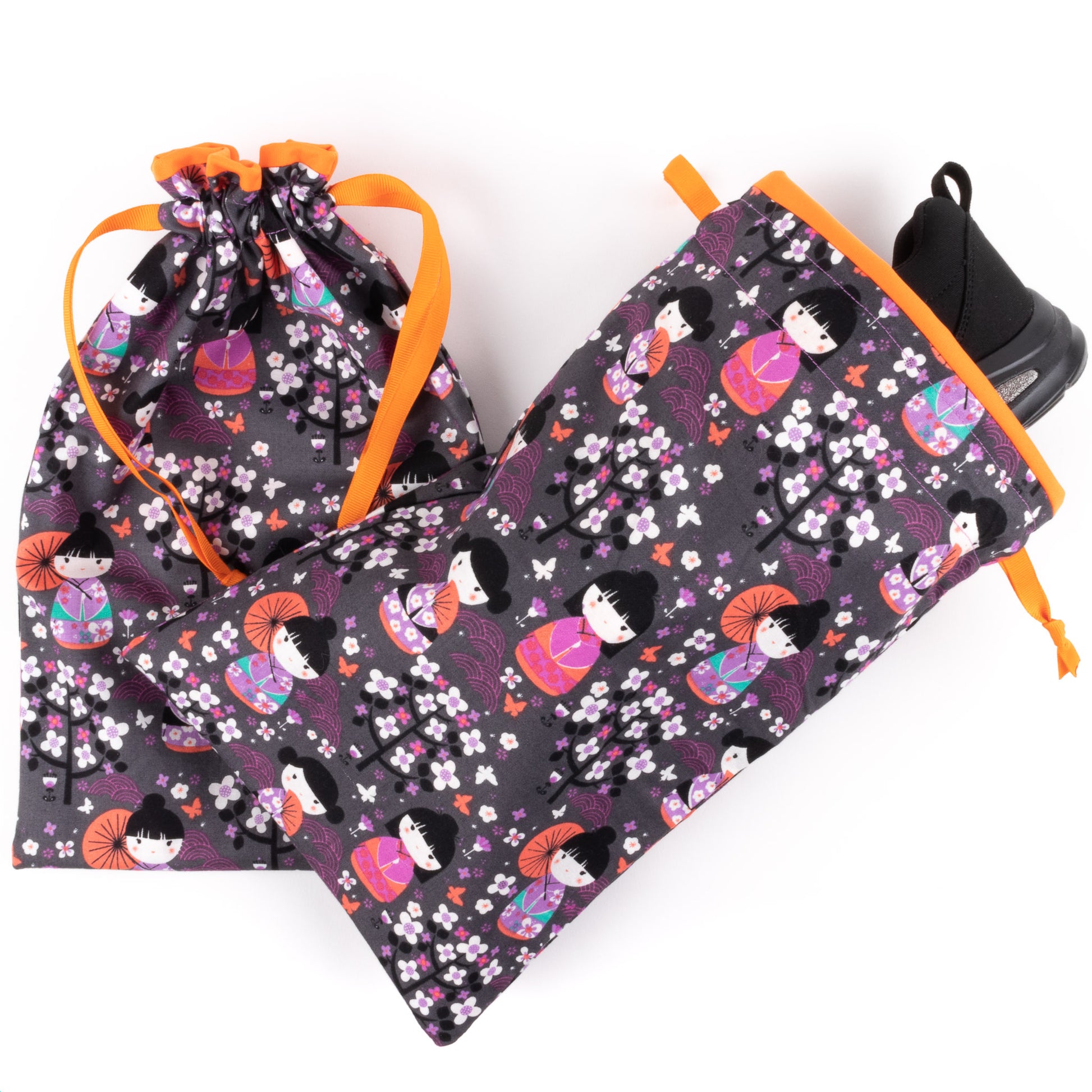 Orange and purple set of travel shoe bags in Asian fabric