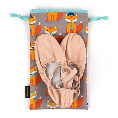 Orange foxes fabric shoe bag for soft-soled ballet shoes