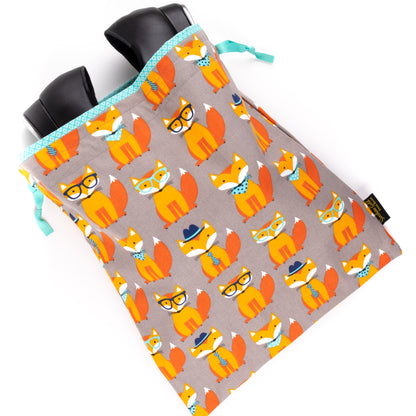 Large fabric dance shoe bag with orange fox design and teal lining