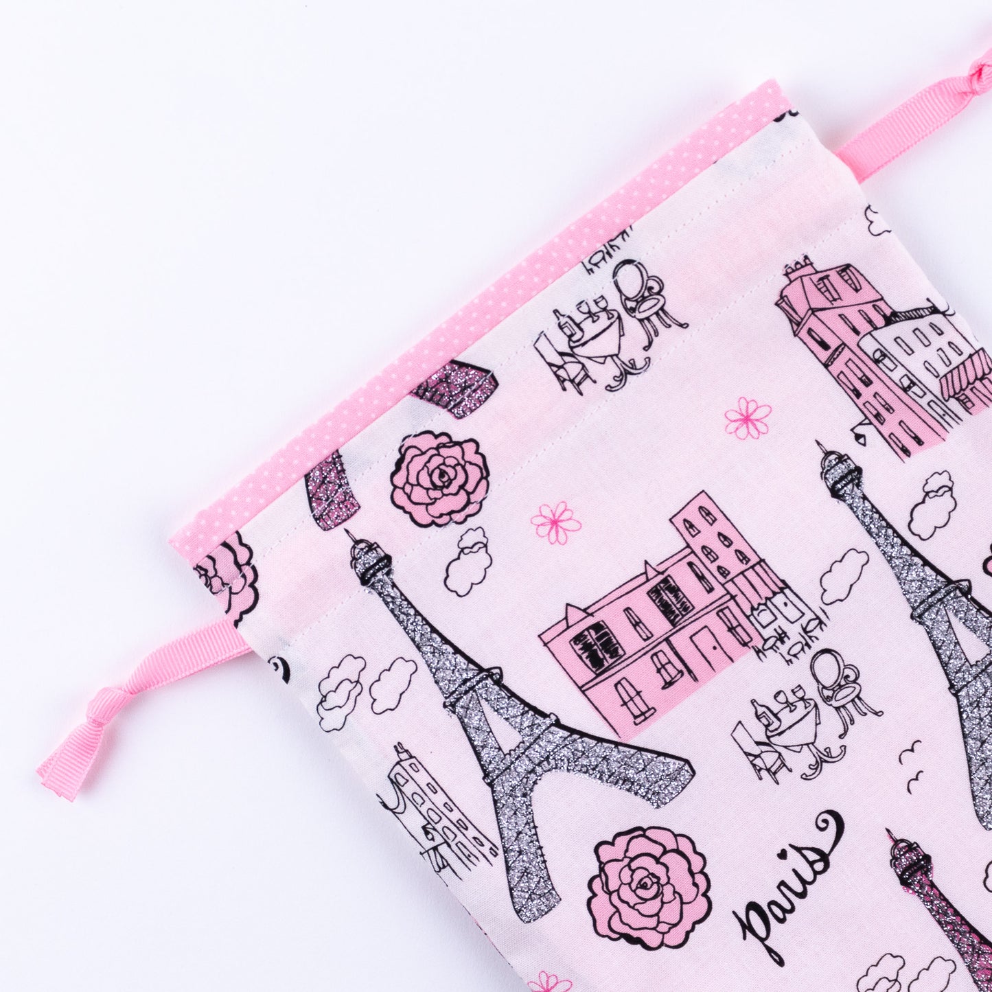 Pink and white Paris themed fabric shoe bag for ballet and jazz dance shoes