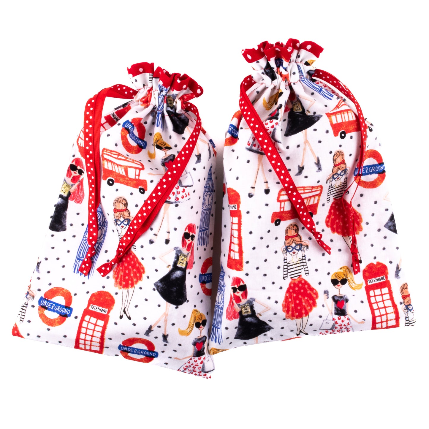 Red, white, and black fabric shoe bags for tap or character dance shoes