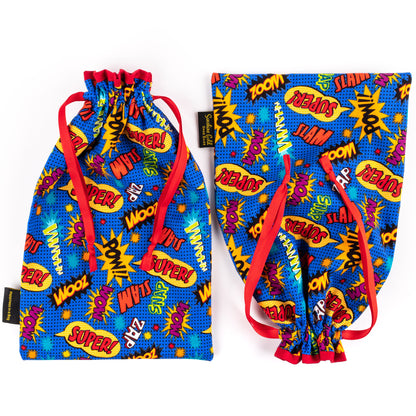 Set of two dance shoe bags in blue, red, and yellow for tap and character shoes