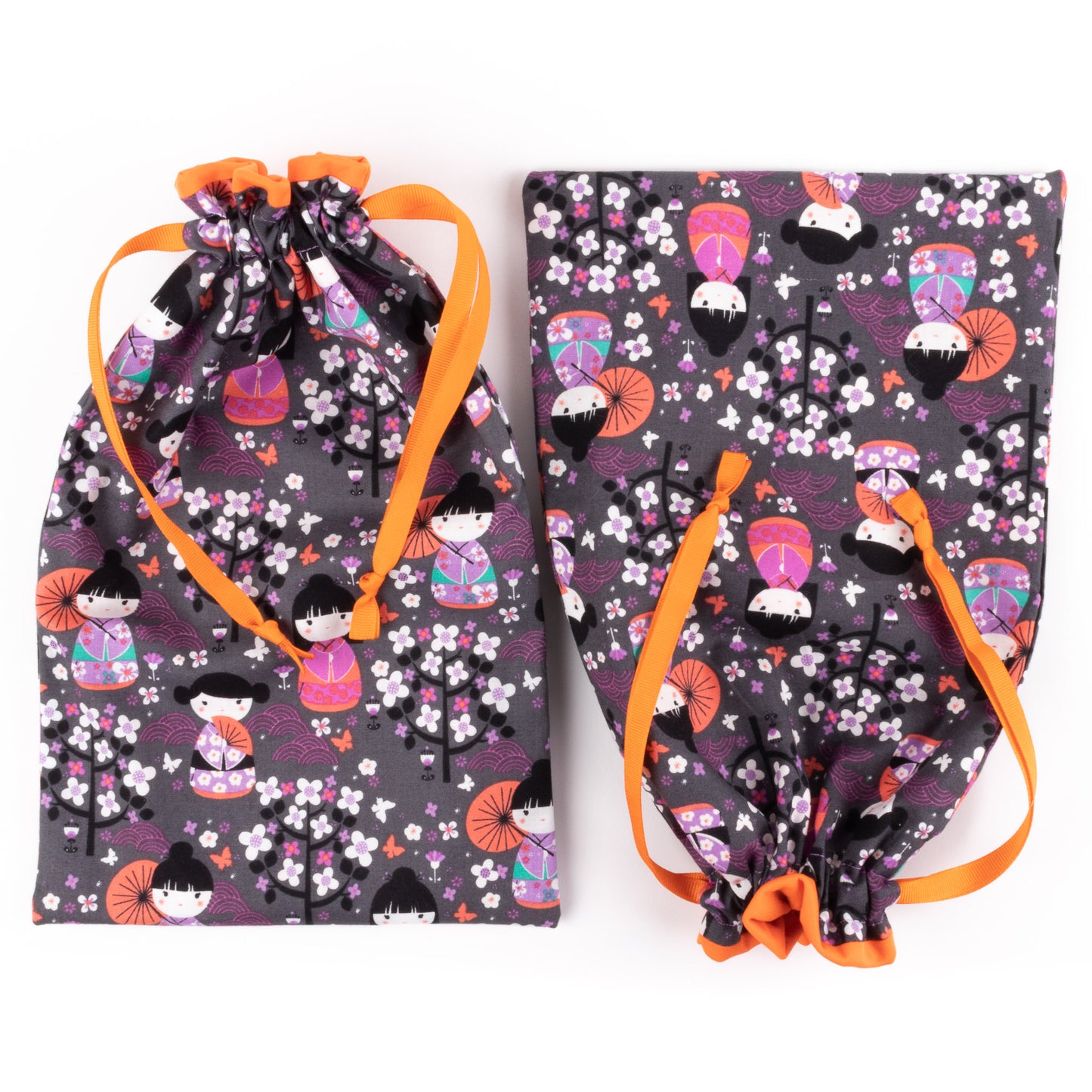 Set of two travel shoe bags in orange and purple Japanese fabric