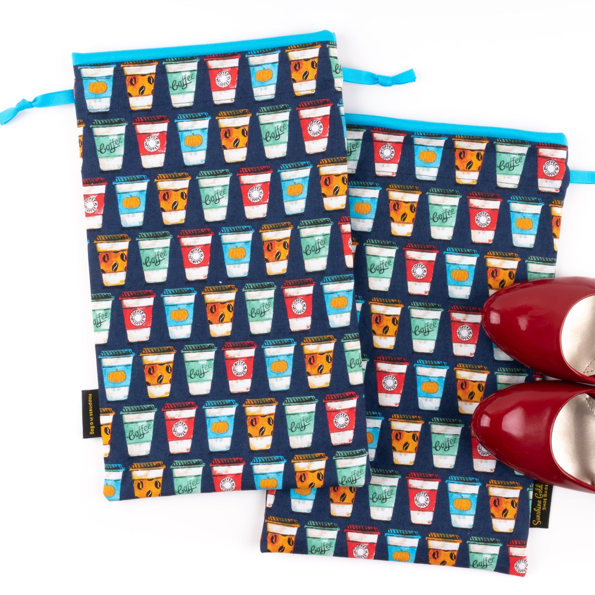 Set of 2 travel shoe bags in colorful coffee cups design
